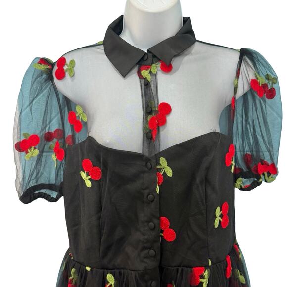 Unique Vintage Collared Sheer Embroidered Black Red Cherry Dress size L 10 12 - Picture 11 of 15